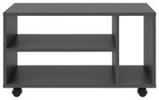 Schwarzer TV-Rollwagen mit zwei Regalböden und Rollen, Vorderansicht