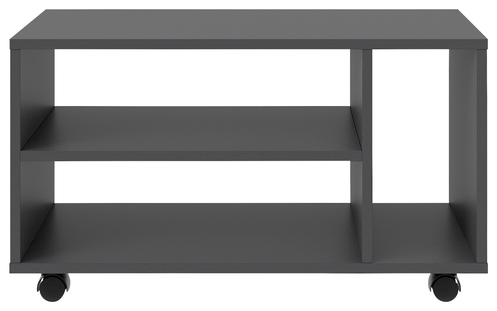 Schwarzer TV-Rollwagen mit zwei Regalböden und Rollen, Vorderansicht