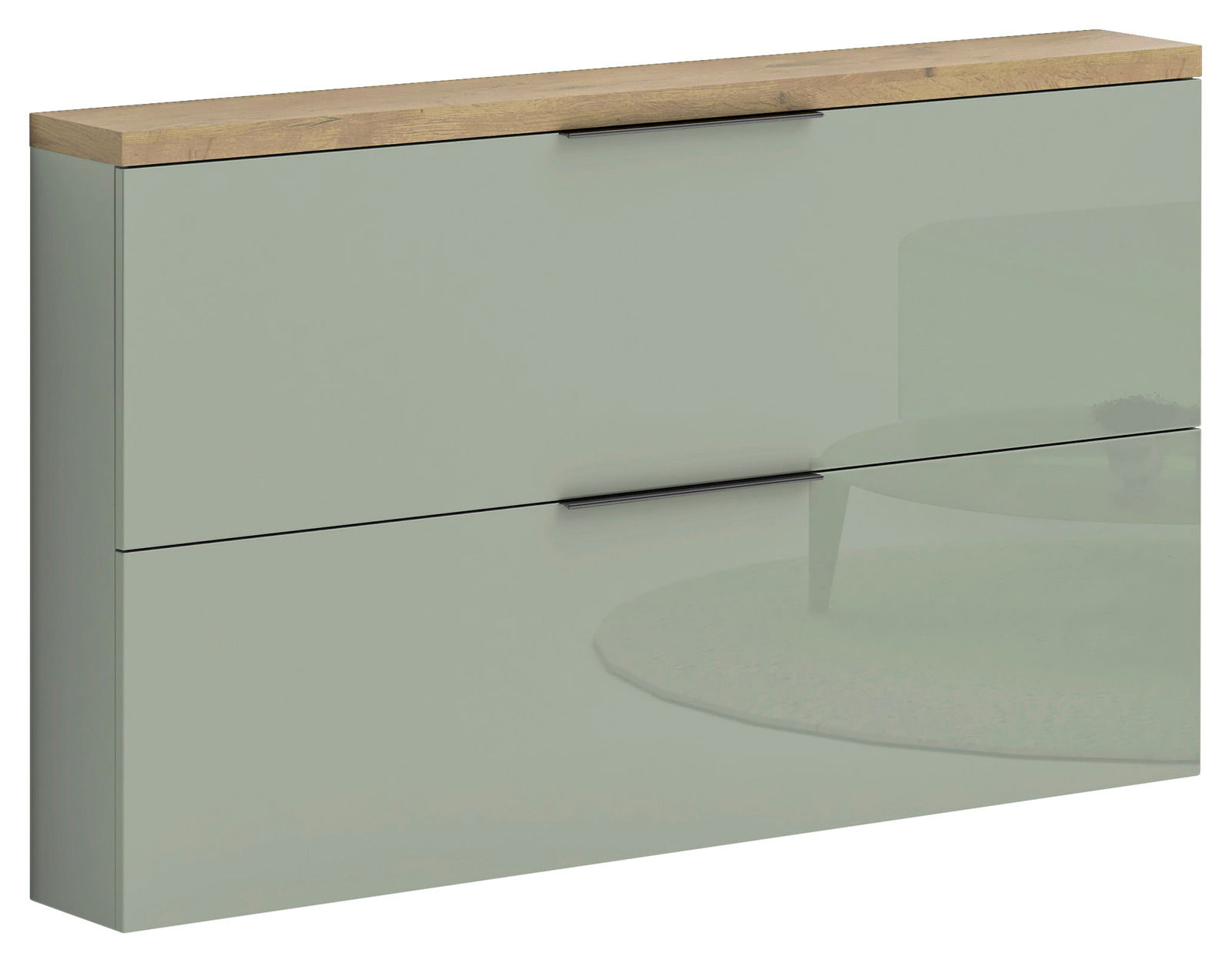 XORA Hangende schoenenkast IDEA SPECIAL-EDITION Moderner Hängeschuhschrank mit zwei Klappen in hellgrünem Hochglanz und Holzoberfläche, seitliche Perspektive