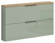 Moderner Hängeschuhschrank mit zwei Klappen in hellgrünem Hochglanz und Holzoberfläche, seitliche Perspektive