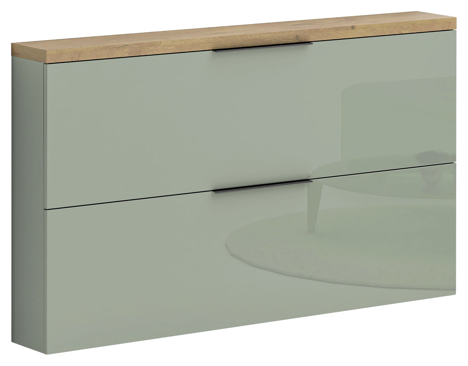 XORA Hängeschuhschrank IDEA SPECIAL-EDITION Moderner Hängeschuhschrank mit zwei Klappen in hellgrünem Hochglanz und Holzoberfläche, seitliche Perspektive