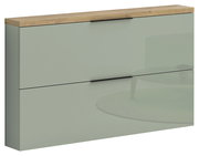 Moderner Hängeschuhschrank mit zwei Klappen in hellgrünem Hochglanz und Holzoberfläche, seitliche Perspektive