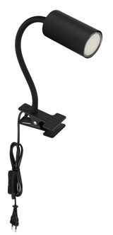 Schwarzer Klemmstrahler aus Metall mit flexiblem Hals und Netzkabel, seitliche Perspektive