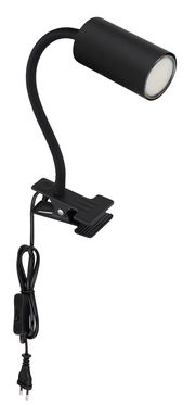 Schwarzer Klemmstrahler aus Metall mit flexiblem Hals und Netzkabel, seitliche Perspektive