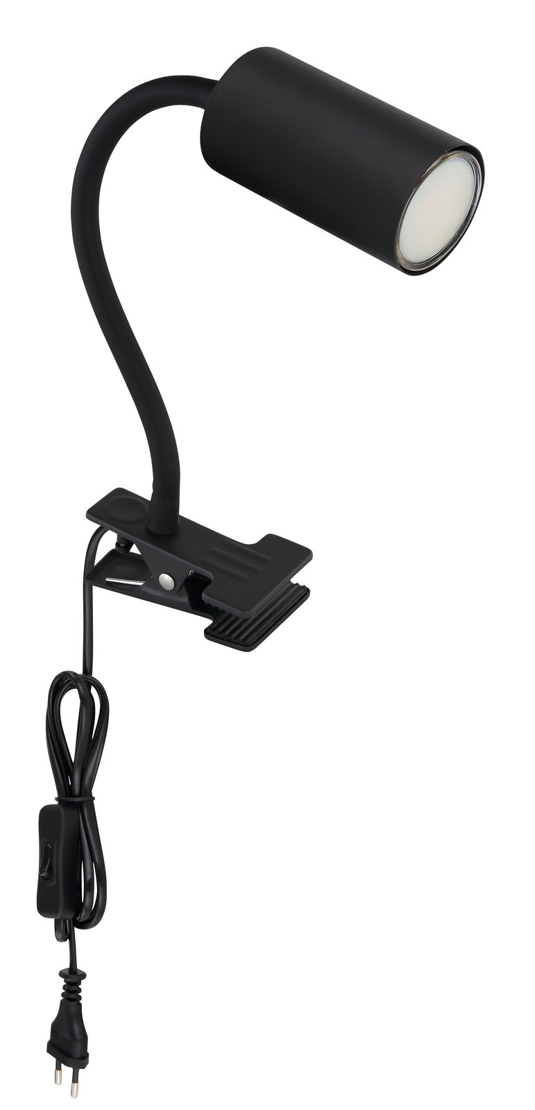 Schwarzer Klemmstrahler aus Metall mit flexiblem Hals und Netzkabel, seitliche Perspektive