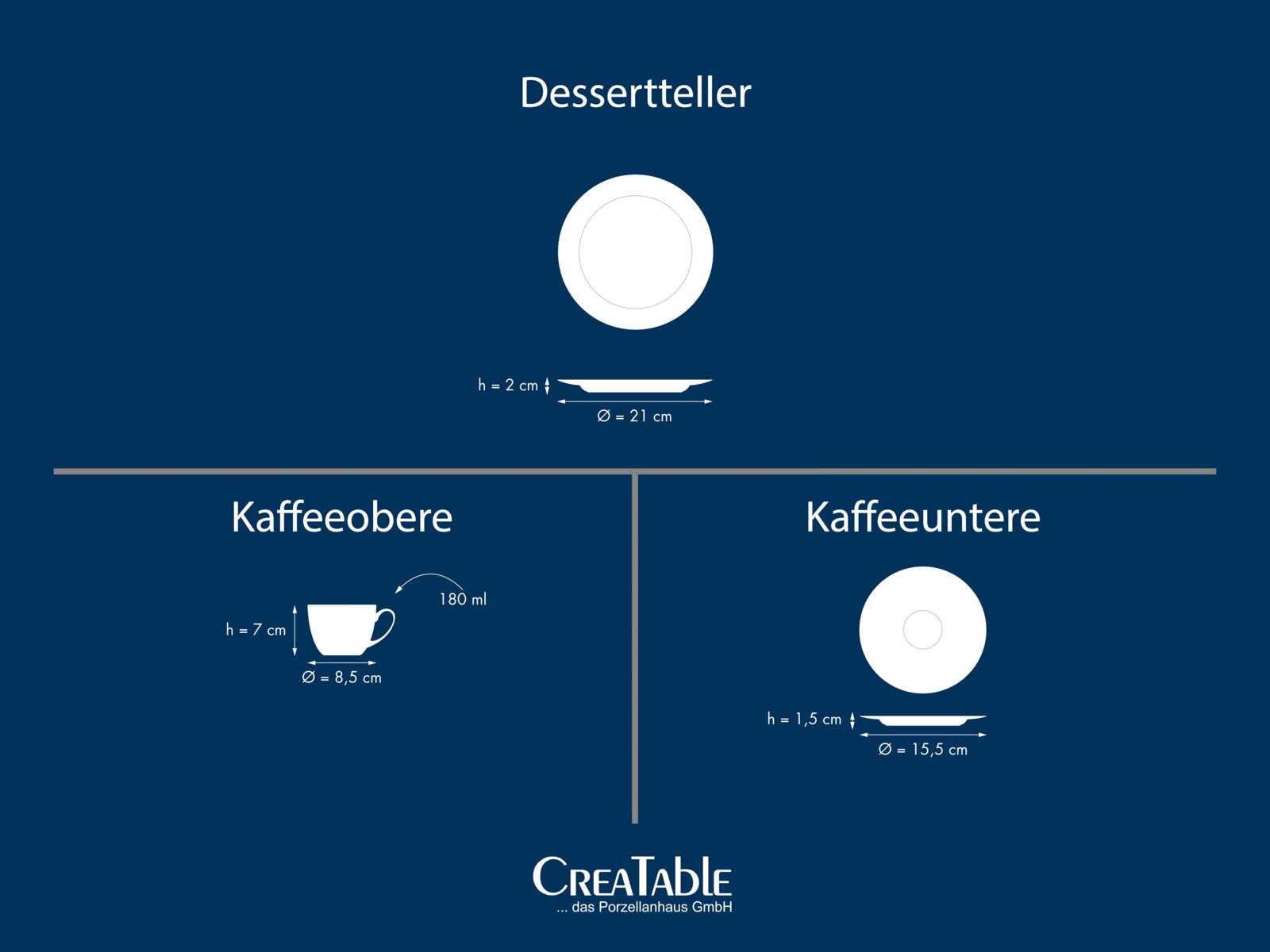 Technische Darstellung eines weißen Desserttellers von oben und im Seitenprofil, Durchmesser 21 cm und Höhe 2 cm, auf blauem Hintergrund.