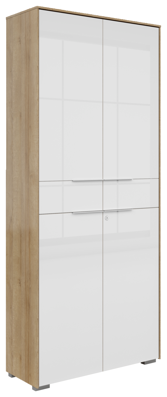 Voleo Aktenschrank NEVADA Zweiflügeliger Aktenschrank in Holzoptik mit weißen Hochglanztüren, seitliche Perspektive