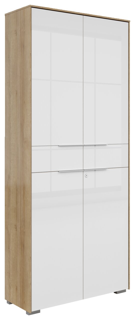 Zweiflügeliger Aktenschrank in Holzoptik mit weißen Hochglanztüren, seitliche Perspektive