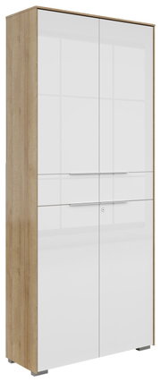 Zweiflügeliger Aktenschrank in Holzoptik mit weißen Hochglanztüren, seitliche Perspektive