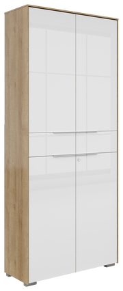 Zweiflügeliger Aktenschrank in Holzoptik mit weißen Hochglanztüren, seitliche Perspektive