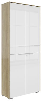 Zweiflügeliger Aktenschrank in Holzoptik mit weißen Hochglanztüren, seitliche Perspektive