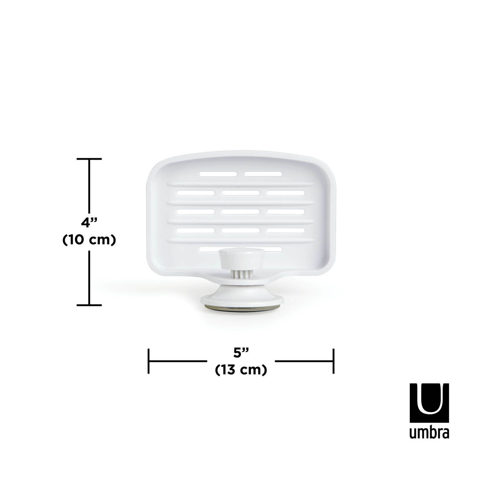 Weiße Seifenschale mit Gel-Lock-Technologie, Vorderansicht, Maße 10 cm hoch und 13 cm breit.