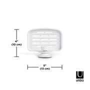 Weiße Seifenschale mit Gel-Lock-Technologie, Vorderansicht, Maße 10 cm hoch und 13 cm breit.