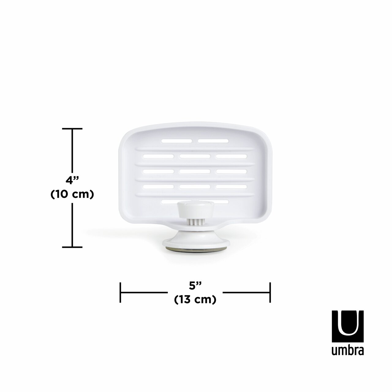 Weiße Seifenschale mit Gel-Lock-Technologie, Vorderansicht, Maße 10 cm hoch und 13 cm breit.