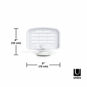 Weiße Seifenschale mit Gel-Lock-Technologie, Vorderansicht, Maße 10 cm hoch und 13 cm breit.