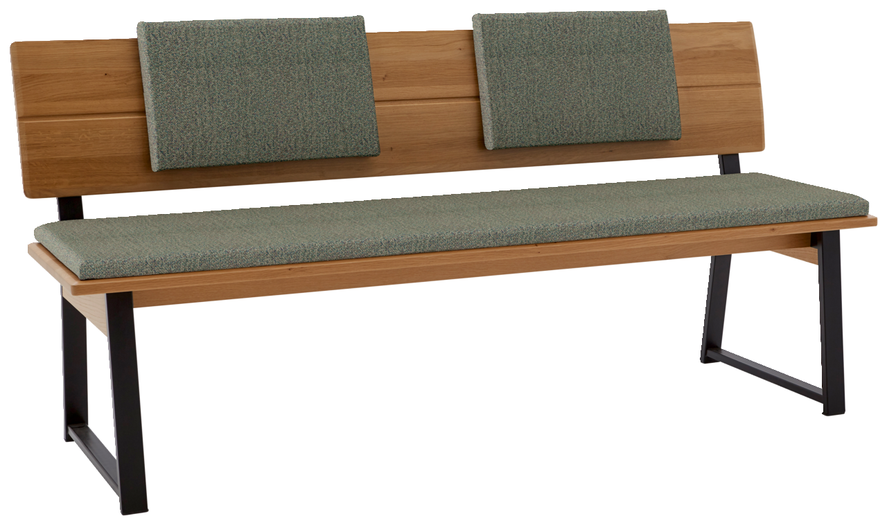 Valnatura Einhängekissen lose LARINO Holzbank mit zwei grünen Einhängekissen, seitliche Perspektive