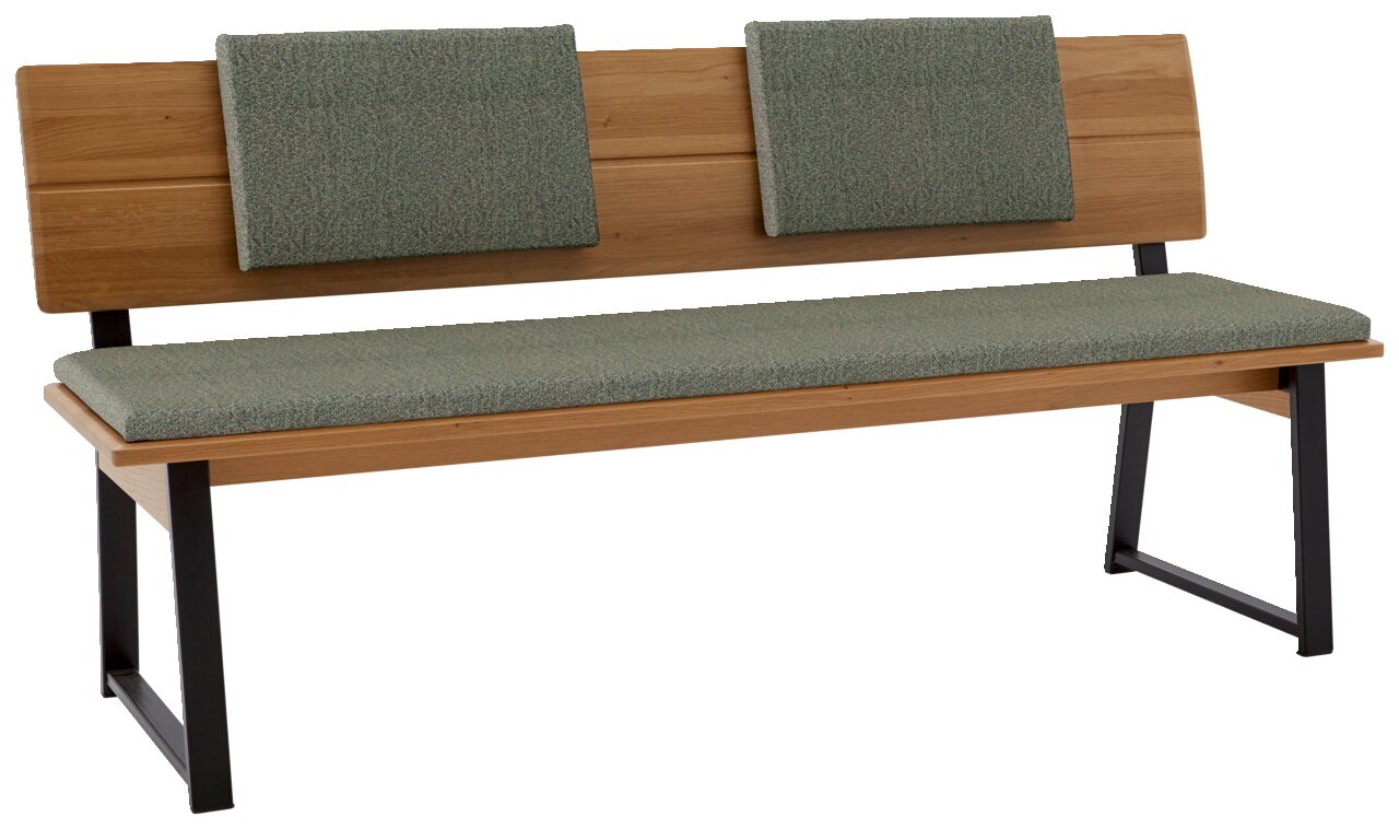 Valnatura Einhängekissen lose LARINO Holzbank mit zwei grünen Einhängekissen, seitliche Perspektive