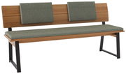 Holzbank mit zwei grünen Einhängekissen, seitliche Perspektive