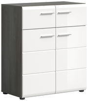 Schuhkommode mit vier weißen Schubladen und dunklem Holzrahmen, seitliche Perspektive