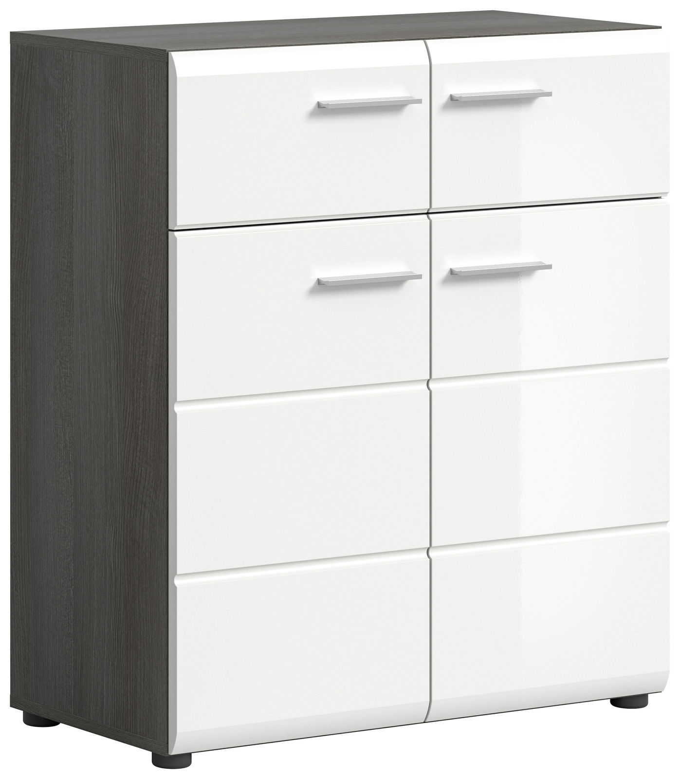 Schuhkommode mit vier weißen Schubladen und dunklem Holzrahmen, seitliche Perspektive