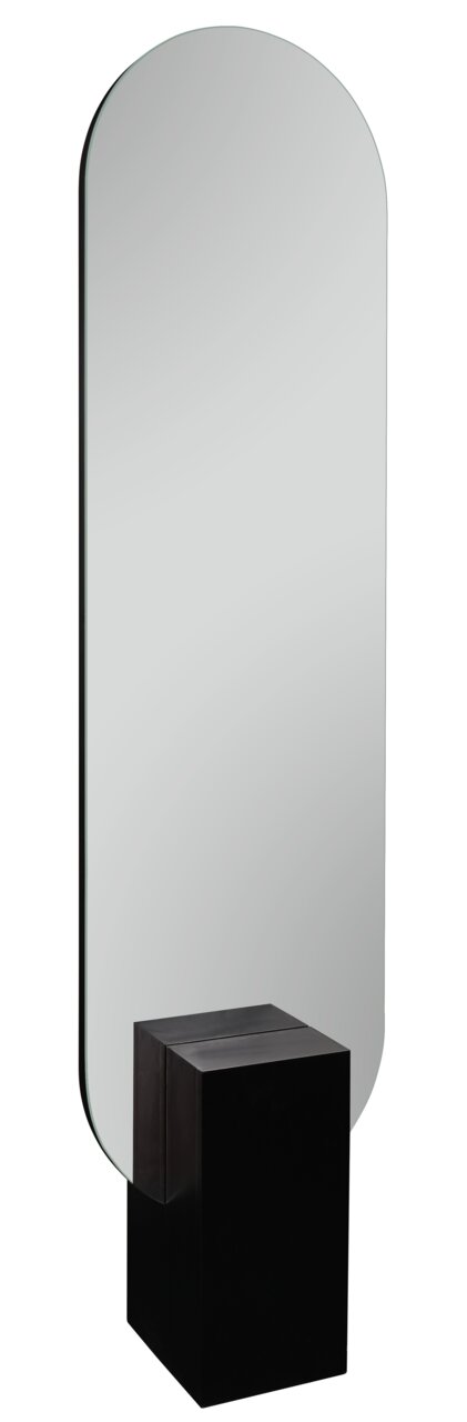Standspiegel 45x180cm mit abgerundeter Oberseite und schwarzem Sockel, seitliche Perspektive