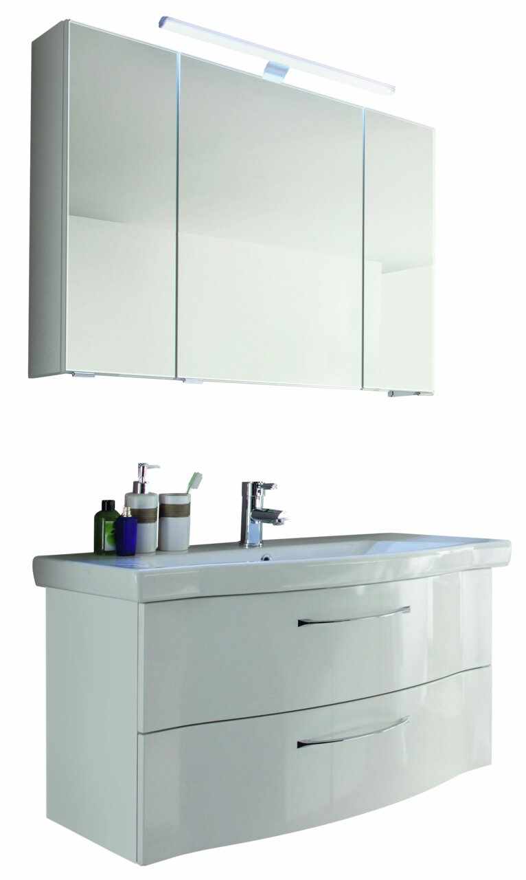 Moderne Badkombination mit Spiegelschrank und Waschbeckenunterschrank, frontal betrachtet.