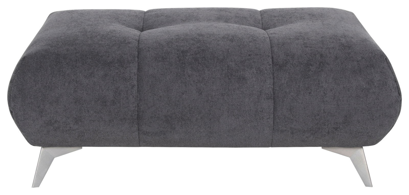 Graue Hockerbank FELLINI II mit gepolsterter Oberfläche und weißen Beinen, seitliche Perspektive.