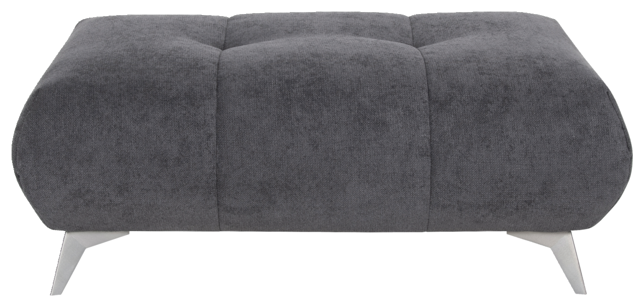 Graue Hockerbank FELLINI II mit gepolsterter Oberfläche und weißen Beinen, seitliche Perspektive.