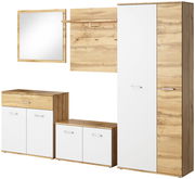 Garderoben-Set 5-tlg. in Holzoptik mit weißen Fronten, bestehend aus einem hohen Schrank, einer Kommode, einem Schuhschrank, einem Spiegel und einer Wandgarderobe. Frontalansicht.