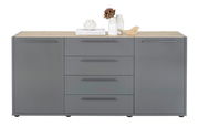 Graues Sideboard mit Holzplatte, zwei Türen und vier Schubladen, frontal fotografiert