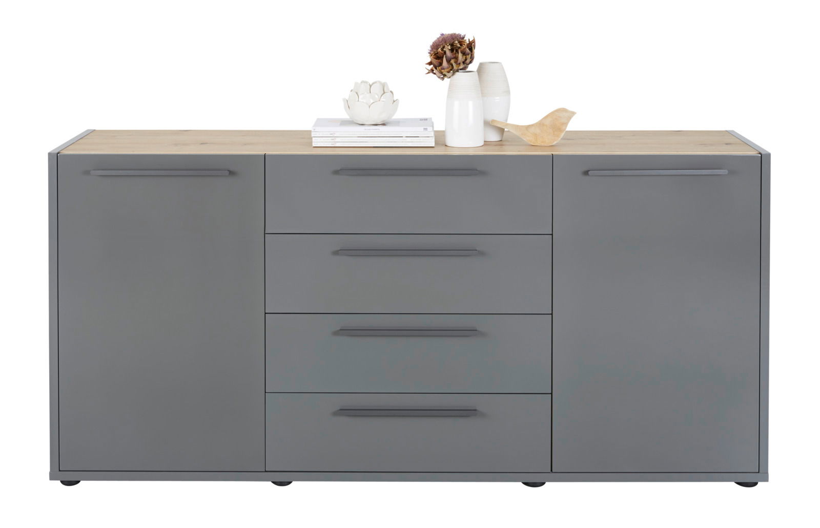 Graues Sideboard mit Holzplatte, zwei Türen und vier Schubladen, frontal fotografiert
