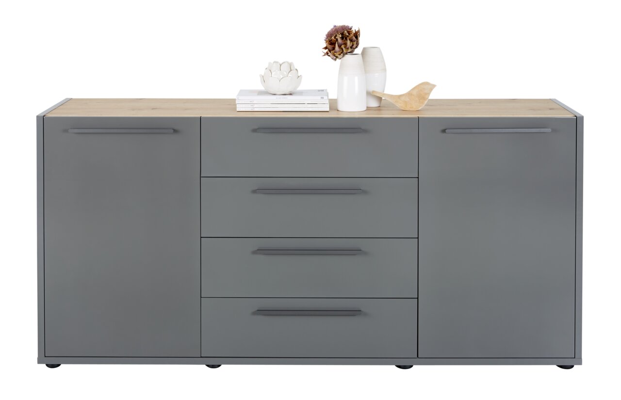 Graues Sideboard mit Holzplatte, zwei Türen und vier Schubladen, frontal fotografiert