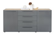 Graues Sideboard mit Holzplatte, zwei Türen und vier Schubladen, frontal fotografiert