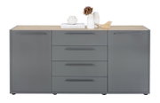 Graues Sideboard mit Holzplatte, zwei Türen und vier Schubladen, frontal fotografiert
