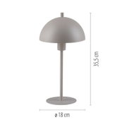 Graue Tischlampe mit halbkugelförmigem Schirm auf rundem Standfuß, Maße ca. 35,5 cm hoch und Ø 18 cm, Frontalansicht vor weißem Hintergrund