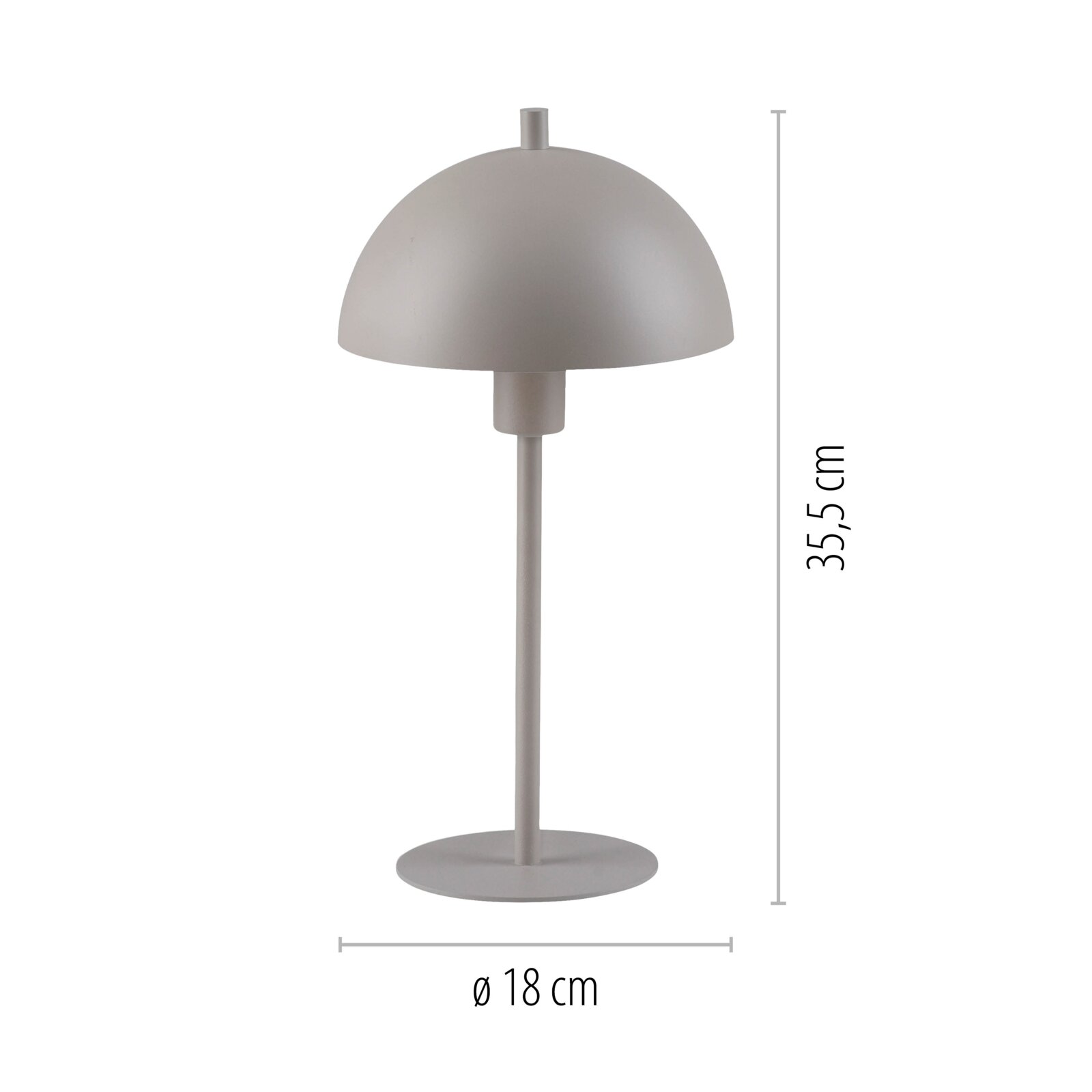 Graue Tischlampe mit halbkugelförmigem Schirm auf rundem Standfuß, Maße ca. 35,5 cm hoch und Ø 18 cm, Frontalansicht vor weißem Hintergrund