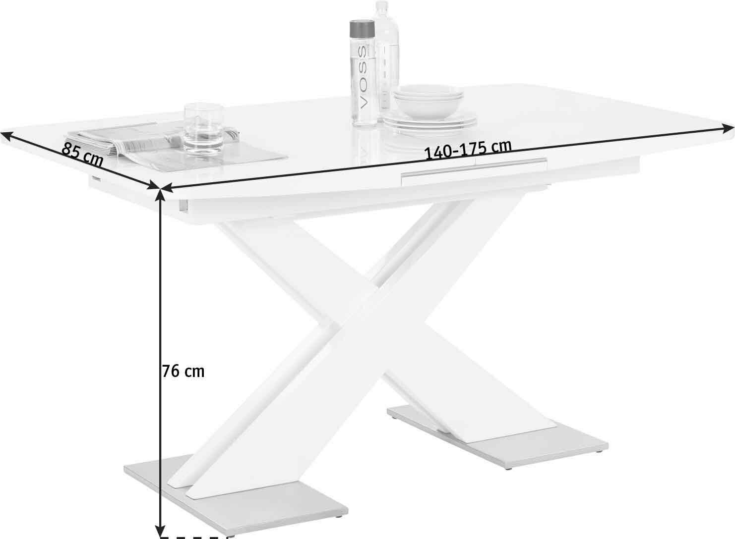 Moderner weißer Funktions-Esstisch mit X-förmigem Gestell, ausziehbar von 140 bis 175 cm, seitliche Perspektive