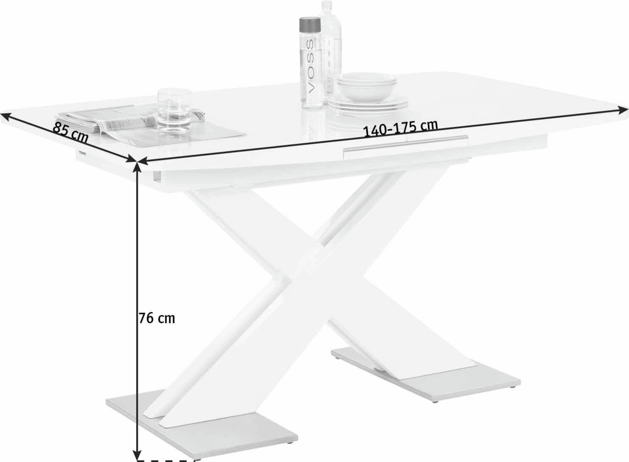 Moderner weißer Funktions-Esstisch mit X-förmigem Gestell, ausziehbar von 140 bis 175 cm, seitliche Perspektive