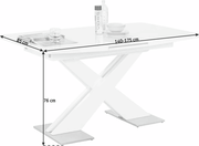 Moderner weißer Funktions-Esstisch mit X-förmigem Gestell, ausziehbar von 140 bis 175 cm, seitliche Perspektive