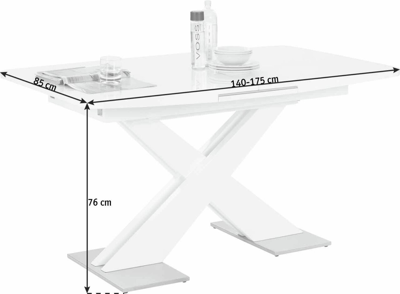 Moderner weißer Funktions-Esstisch mit X-förmigem Gestell, ausziehbar von 140 bis 175 cm, seitliche Perspektive