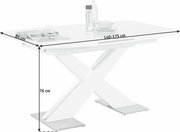 Moderner weißer Funktions-Esstisch mit X-förmigem Gestell, ausziehbar von 140 bis 175 cm, seitliche Perspektive