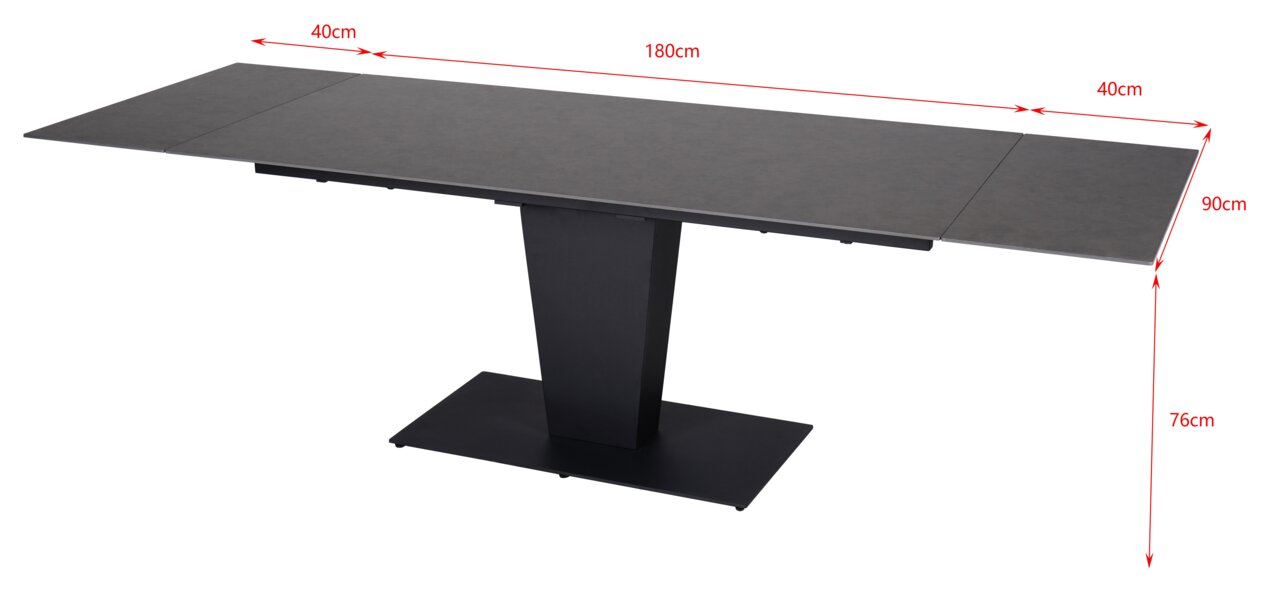 Moderne eettafel in zwart met uitschuifbaar tafelblad, zijaanzicht