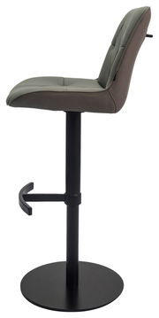 Seitenansicht eines modernen Barhockers mit gepolstertem Sitz und Rückenlehne in Grau, schwarzem Metallgestell und Fußstütze.