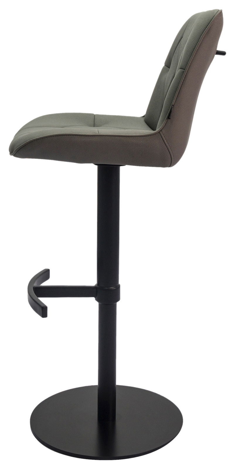 Seitenansicht eines modernen Barhockers mit gepolstertem Sitz und Rückenlehne in Grau, schwarzem Metallgestell und Fußstütze.