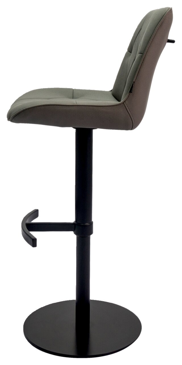 Seitenansicht eines modernen Barhockers mit gepolstertem Sitz und Rückenlehne in Grau, schwarzem Metallgestell und Fußstütze.