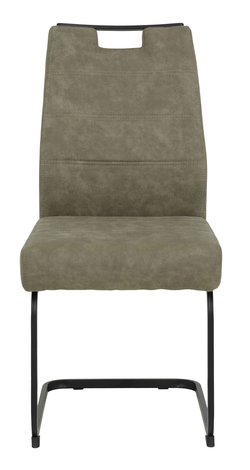 Moderner Schwingstuhl in Olivgrün mit schwarzem Metallgestell, Frontalansicht