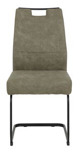 Moderner Schwingstuhl in Olivgrün mit schwarzem Metallgestell, Frontalansicht