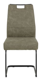 Moderner Schwingstuhl in Olivgrün mit schwarzem Metallgestell, Frontalansicht