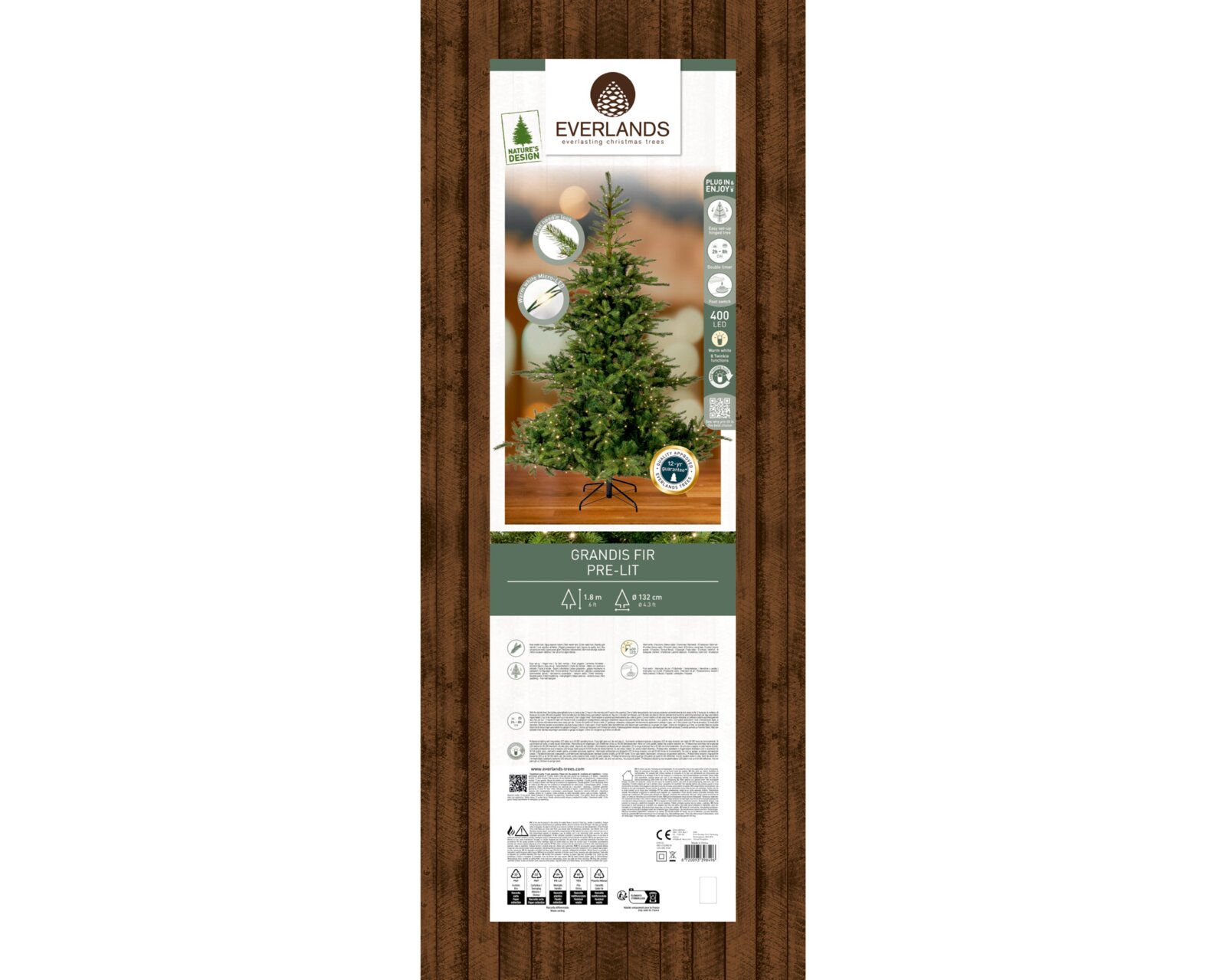 Bovenaanzicht van de Everlands Grandis Fir Pre-Lit kunstkerstboomverpakking, met een groene boom van 1,8 m en 400 warmwitte micro-ledlampjes