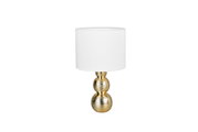 Elegante Tischleuchte mit weißem Lampenschirm und goldenem, strukturiertem Sockel, frontal abgebildet.